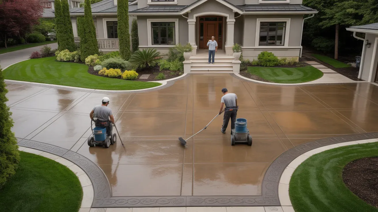 Concrete driveway refinishing in progress as workers clean and resurface a residential driveway to enhance curb appeal and durability.