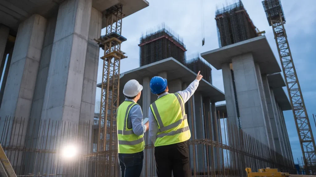 Engineers inspecting commercial concrete systems at a construction site, reviewing structural columns and framework for durability