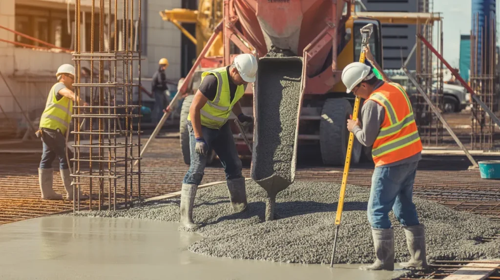 Professional overview of concrete construction projects showing planning, site preparation, pouring, finishing, and durable structures.