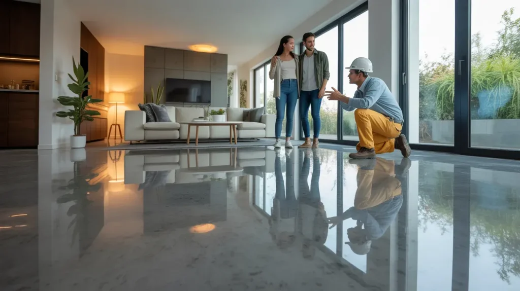 Polished Concrete Floor Residential showcasing a modern, durable, and glossy interior flooring finish for contemporary home design and living spaces.