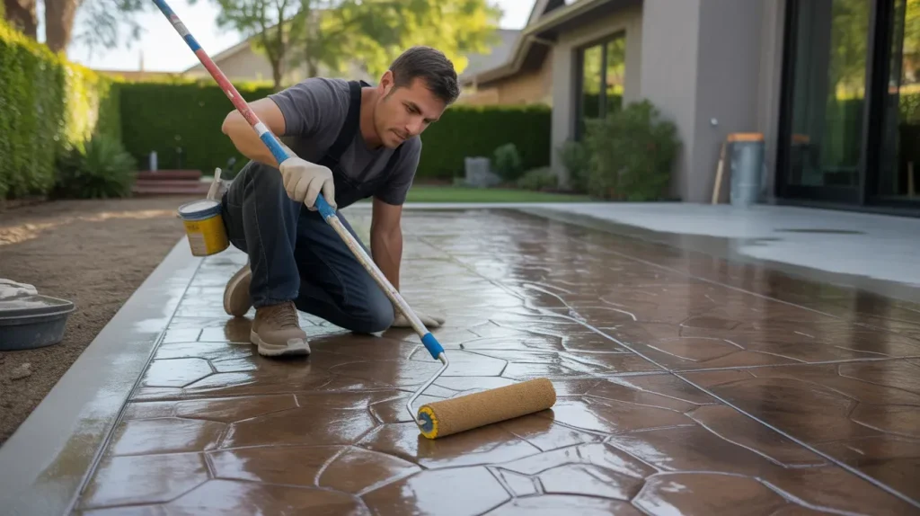 Stamped concrete patio sealer applied on decorative outdoor surface for protection and shine